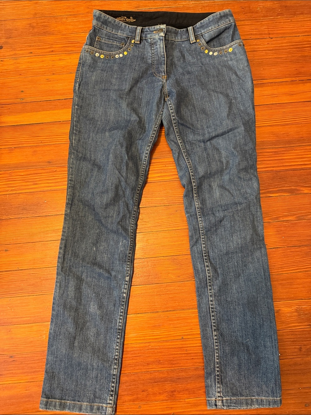 Authentic Louis Vuitton Women's Straight-Leg Blue Jeans w/ Gold Studs Size 42